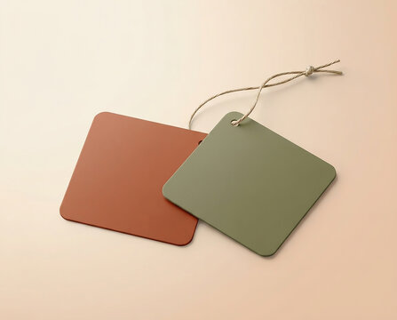 Two square tags in brown and green with string on a light background