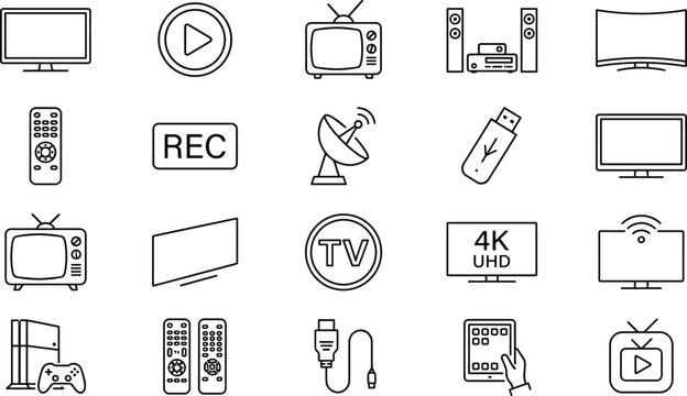 Television and home cinema vector line icons collection featuring smart display screen remote controller audio system electronics