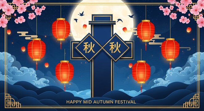 Happy mid autumn festival greeting card with red lanterns and moon