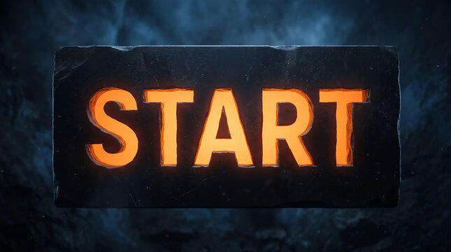 Glowing orange start button text on a dark metallic background for video game interface or website design