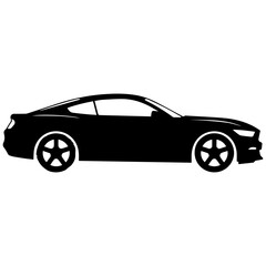 Naklejka premium Black car silhouette icon, side view of a modern sports vehicle isolated on white background.
