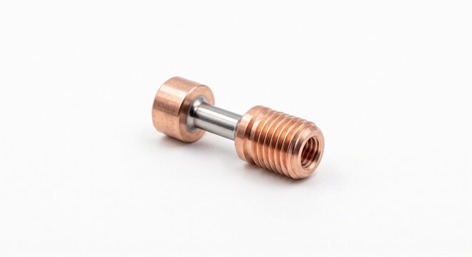 Macro of a titanium bi-metal heat break tube for FDM 3D printing. Precision threaded copper and titanium extrusion hardware isolated on white.