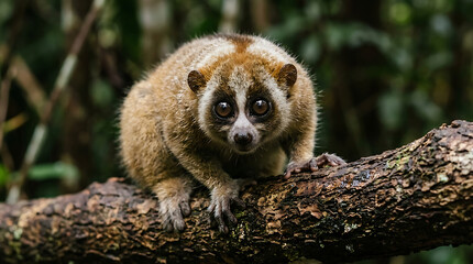 Naklejka premium Cute Lemur Baby Sitting on Tree Branch in Natural Habitat