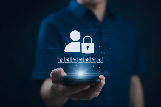Password protection and user authentication concept. Hand holding smart phone with secure login password and padlock icon, representing cybersecurity, identity access management and data privacy.