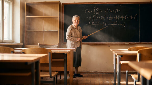 Senior female teacher joyfully explains complex math on a blackboard in a sunlit classroom, radiating wisdom, dedication, and a warm smile with a pointer