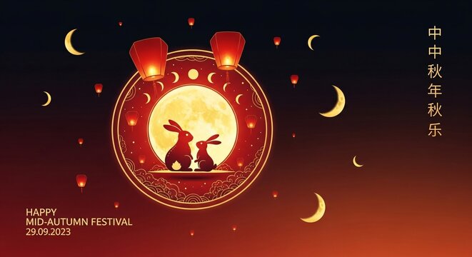Happy midautumn festival celebration with rabbits and lanterns in the night sky with crescent moons and a large moon