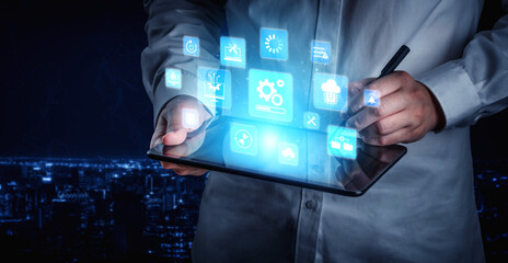 Fototapeta premium The concept of a software update ensures system security and performance. This maintenance process is vital for applying patches, improving the entire software update cycle. Entice
