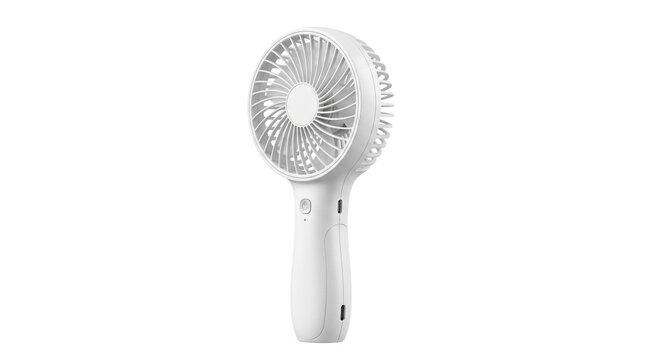 White portable handheld mini fan isolated on white background rechargeable personal electric cooling device for hot summer days travel and office use