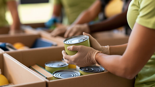 Diverse volunteers packing cardboard boxes with food, clothing and books, humanitarian assistance, charity work, community support, donation center, social responsibility, helping