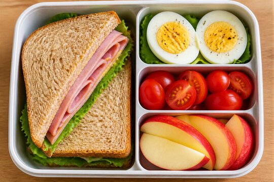 Healthy sandwich with ham, lettuce, and tomato. Hard-boiled eggs sit beside cherry tomatoes. Sliced apples add freshness to the meal. Bright, colorful, and wholesome in a compartmentalized tray