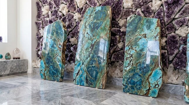 Polished chrysocolla slabs, natural stone specimens, turquoise green mineral display, geode cross sections for jewelry, gemstones, textures, interior design, decor, wall art