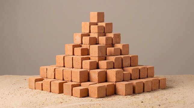 Pyramid Of Wooden Blocks On Sand, Geometric Cube Structure, Orange Wood Cubes Arranged In Cone, Growing Business Concept, Building Blocks Stack