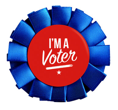 I'm a voter badge with red button and blue ribbon rosette promoting elections and democracy, transparent background