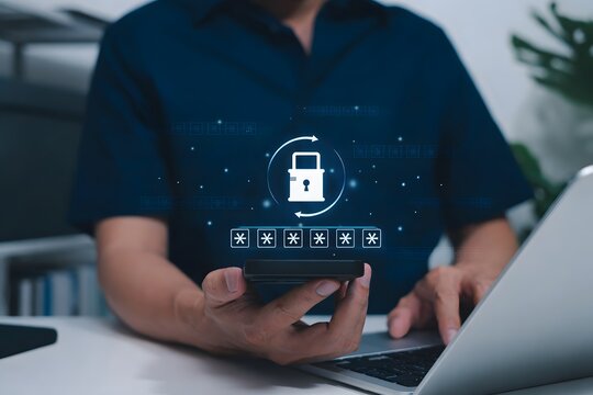 Password Reset Security and Forgotten Password Recovery Concept. User using smartphone and laptop with padlock, hidden passcode, and refresh arrows showing secure login recovery and account protection