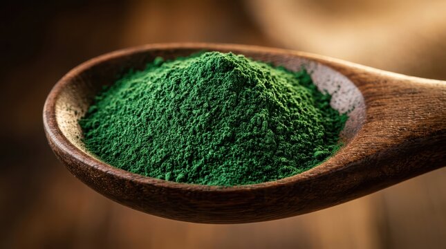 Close-up of a wooden spoon filled with vibrant green spirulina powder as a healthy dietary supplement
