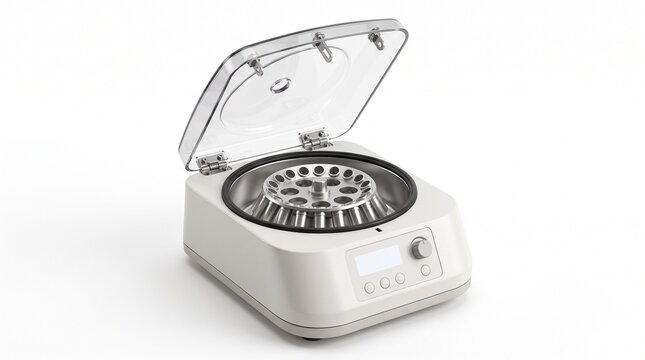 White laboratory centrifuge with an open transparent lid, showing a metal rotor with multiple test tube slots on a white background