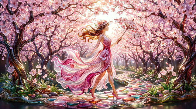 fantasy glass figurine of woman walking on path through forest of glass cherry trees in blossom