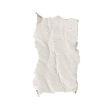 Torn and wrinkled off-white textured paper piece with jagged edges and folded corner isolated on a plain background