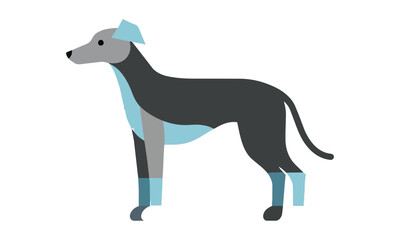 Obraz premium Minimalist silhouette of a sleek standing greyhound dog in profile view with bold flat color blocks isolated on white. Elegant animal pet concept