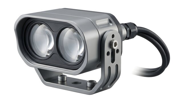 Dual lens industrial led floodlight with a silver metallic housing and adjustable mounting bracket, isolated on a white background, with black cables