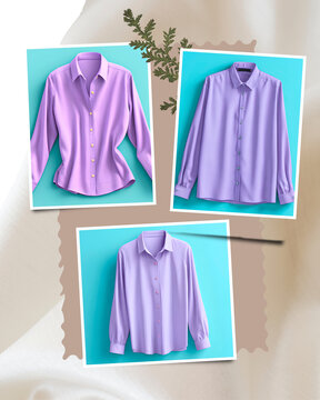 Full women's lavender cotton shirt isolated in centered composition, elegant tailored silhouette with visible buttons cuffs and hemline, soft matte premium textile texture with natural folds