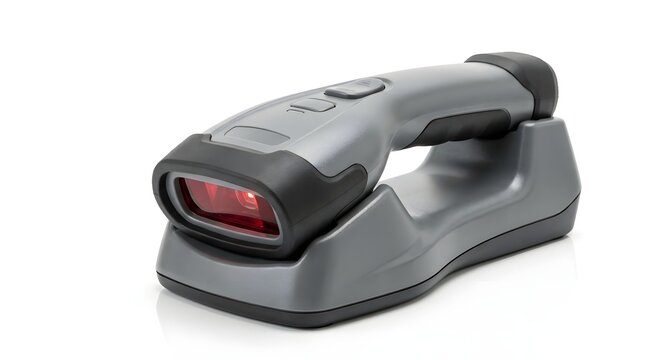 Handheld wireless barcode scanner with a red laser beam, resting on a gray charging dock station, isolated on a clean white background, studio shot