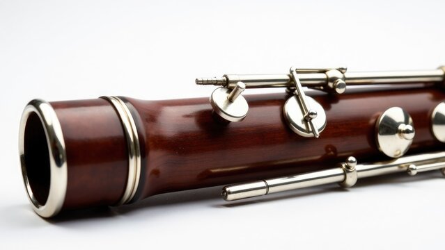 A close-up shot of a bassoon on a white surface