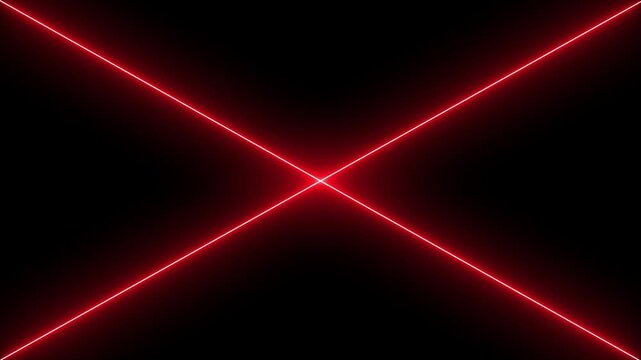 Minimalist red and white neon laser lines crossing on black background, abstract glowing light motion