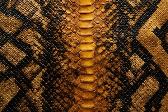 Golden scales gleam under soft light. Dark geometric patterns contrast sharply. Centered row of textured plates draws eye. Close-up captures intricate reptilian design. Ideal for luxury, nature