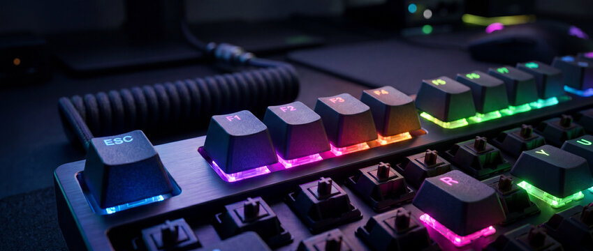Close-up mechanical gaming keyboard with RGB backlight and customizable keycaps on dark desk