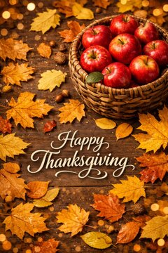 Thanksgiving basket of red apples on a wooden table with autumn leaves for holiday background poster and seasonal decor