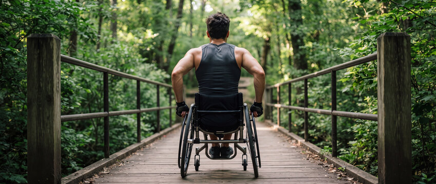 Wheelchair user crossing a wooden forest bridge in dark sportswear, training on a scenic green park trail for adaptive sports, outdoor fitness, and disability empowerment