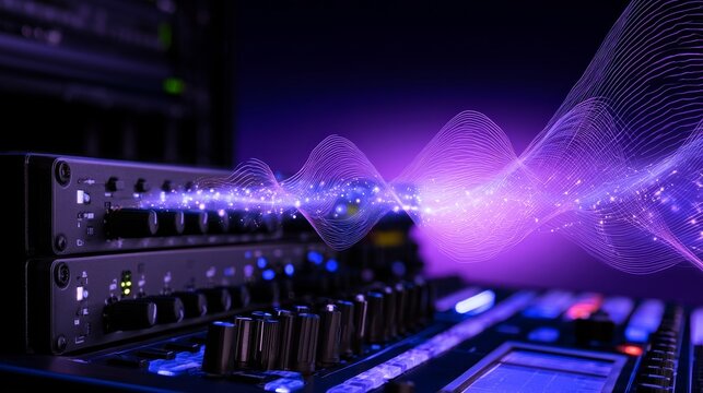 Audio equipment with glowing sound wave frequency visualization