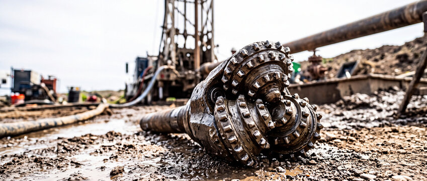 Oil drill bit covered in mud at onshore drilling site close-up with heavy equipment