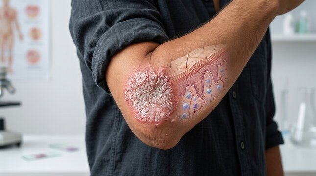 Epidermal plaque condition: chronic psoriasis, human elbow, scaly patch, dermal layer, reveal anatomy, explain inflammation, illustrate tissue, showcase disorder, red skin.