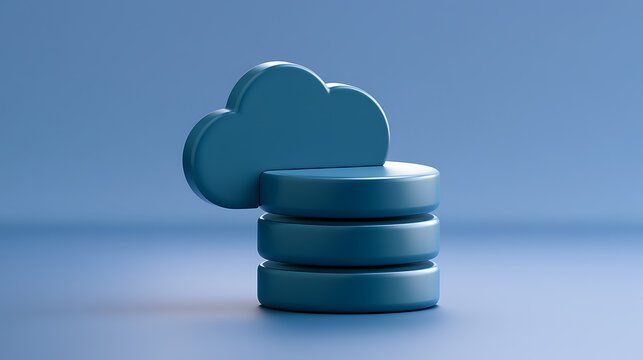 3D render of a blue database icon with a cloud symbol on top, representing data storage, server management, and information technology