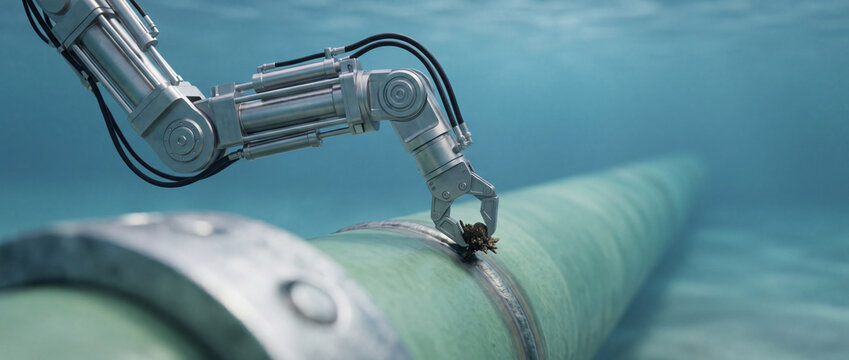 Underwater pipeline robotic inspection arm removing marine growth from subsea pipe for maintenance