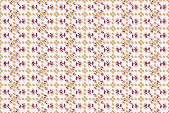 Botanical repeat pattern with scalloped leaves and daisies, red tones