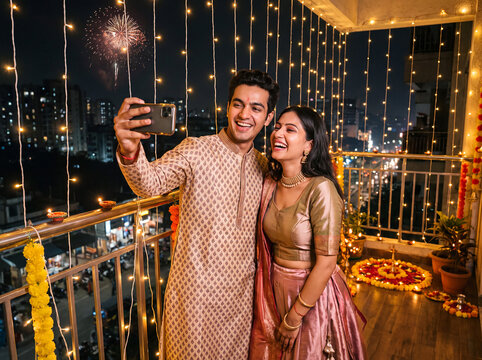 Indian couple taking a selfie on a balcony during Diwali
