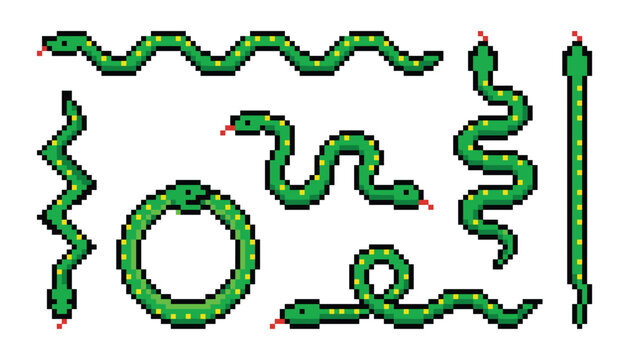 Green Pixel Art Snake Character Set with Slithering Curve Shapes and Ouroboros Infinity Loop Illustrations for Retro Video Game Vector Designs