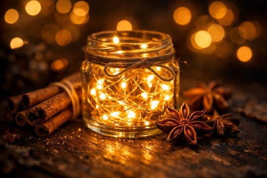 Warm jar fairy lights with cinnamon sticks and star anise for cozy holiday background and festive decor scene