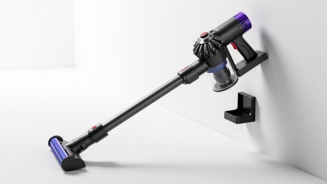 A black and purple cordless vacuum cleaner sitting on a white surface