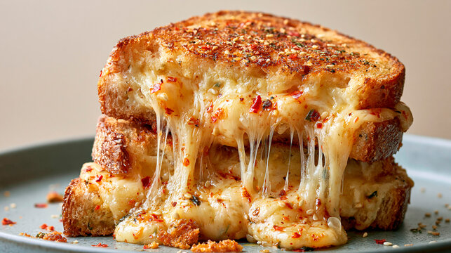 Grilled cheese sandwich with crispy toasted bread, melted cheese, chili flakes and herbs served hot on a plate