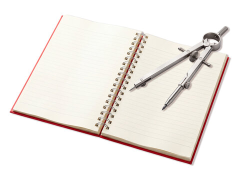 Open spiral notebook and drafting compass, isolated transparent