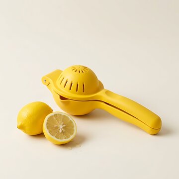 Yellow lemon squeezer with fresh citrus fruit on a clean minimalist background