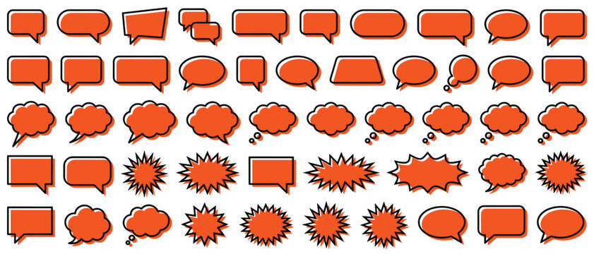 Orange speech bubble and burst shapes vector set, comic dialogue box, star burst callout and chat cloud icons for social media, marketing and design