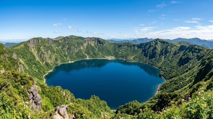 Fototapeta premium Stunning Panorama of Crater Lake Surrounded by Green Volcanic Mountains