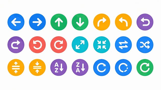 Arrow Navigation and Direction Color Icon Set with Undo, Redo, Sort and Refresh Symbols