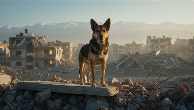 German Shepherd dog standing alert amidst the rubble of a war-torn city with destroyed buildings and distant mountains during daytime