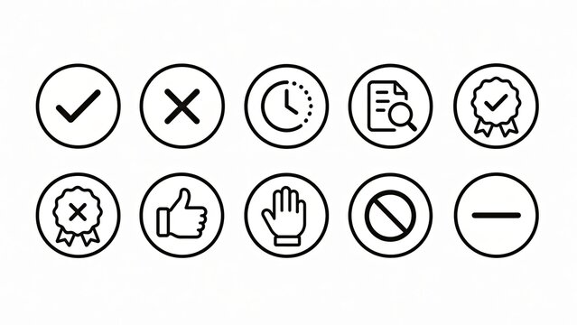 Approval and Decision Status Line Icon Set with Check, Reject and Verification Symbols